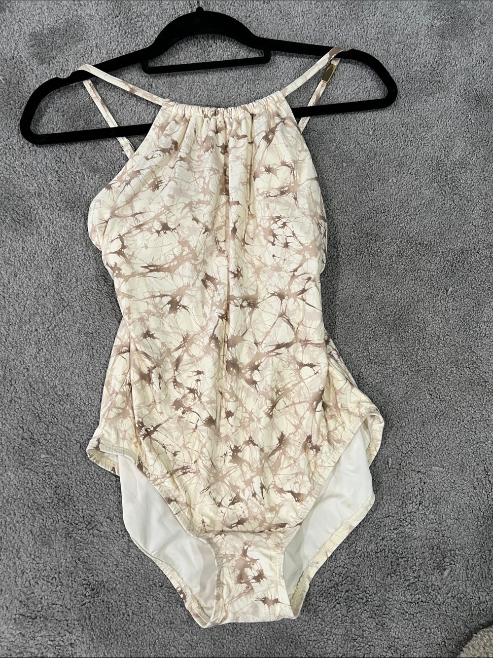 Women’s One-Piece Swimsuit in Cream with Brown Tie-Dye Print